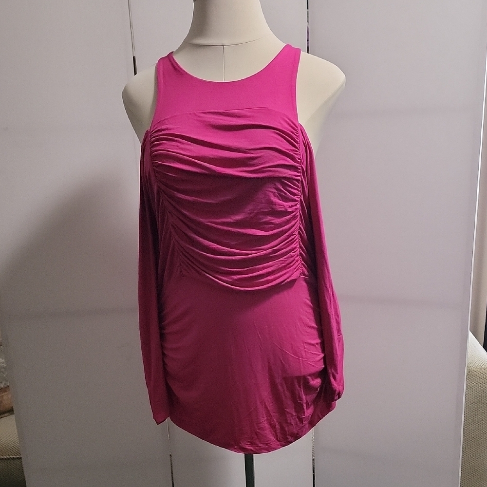 Pink Asymmetrical Cold Shoulder Ruched Blouse with Long Sleeve. Stretchy & Comfy